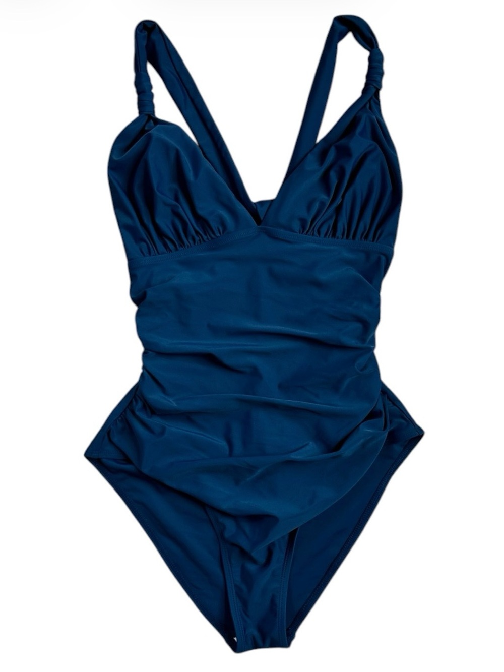 CUP SHE Women’s Cobalt Blue V Neck Tummy Control Ruched One-Piece Swimsuit L